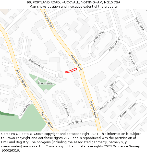 96, PORTLAND ROAD, HUCKNALL, NOTTINGHAM, NG15 7SA: Location map and indicative extent of plot