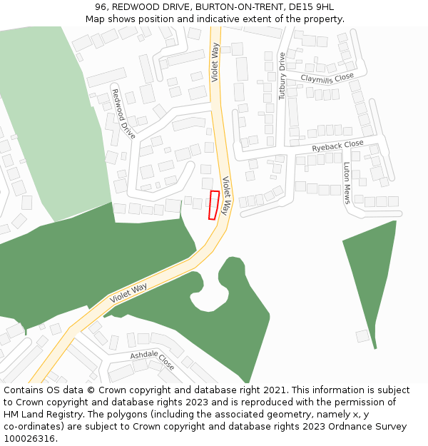 96, REDWOOD DRIVE, BURTON-ON-TRENT, DE15 9HL: Location map and indicative extent of plot