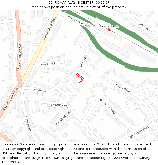96, ROMAN WAY, BICESTER, OX26 6FJ: Location map and indicative extent of plot