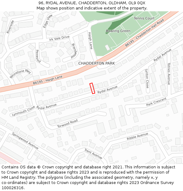 96, RYDAL AVENUE, CHADDERTON, OLDHAM, OL9 0QX: Location map and indicative extent of plot