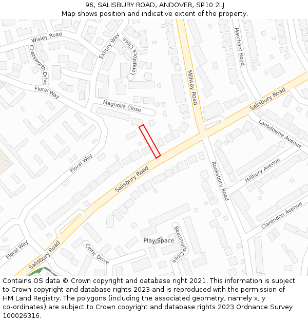 96, SALISBURY ROAD, ANDOVER, SP10 2LJ: Location map and indicative extent of plot