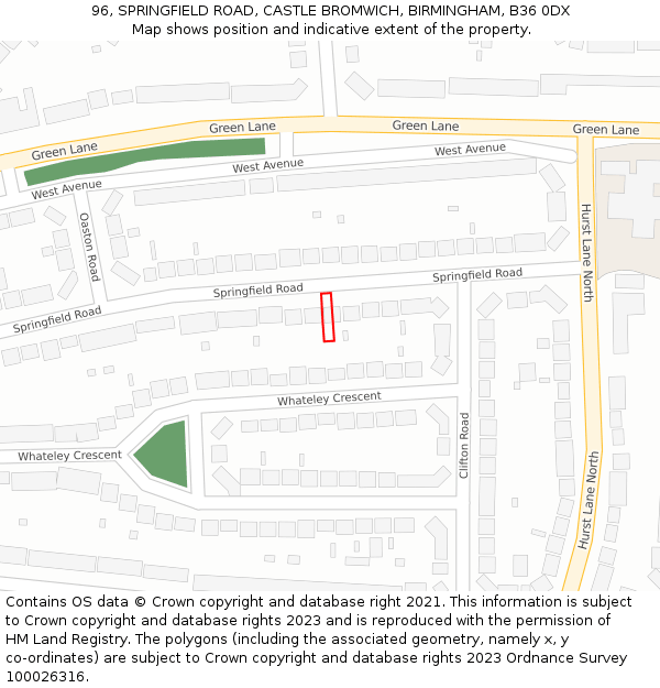 96, SPRINGFIELD ROAD, CASTLE BROMWICH, BIRMINGHAM, B36 0DX: Location map and indicative extent of plot