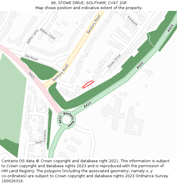 96, STOWE DRIVE, SOUTHAM, CV47 1NP: Location map and indicative extent of plot