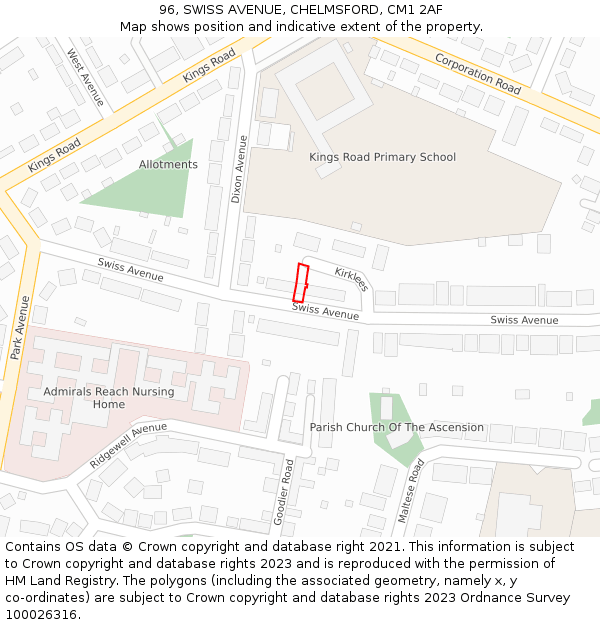 96, SWISS AVENUE, CHELMSFORD, CM1 2AF: Location map and indicative extent of plot
