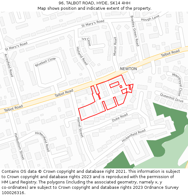 96, TALBOT ROAD, HYDE, SK14 4HH: Location map and indicative extent of plot