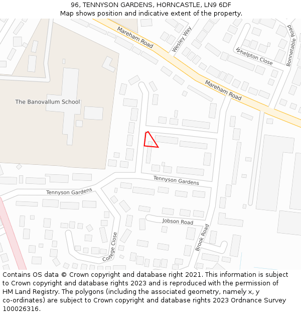 96, TENNYSON GARDENS, HORNCASTLE, LN9 6DF: Location map and indicative extent of plot