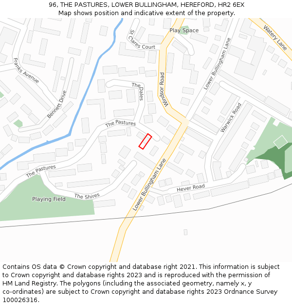 96, THE PASTURES, LOWER BULLINGHAM, HEREFORD, HR2 6EX: Location map and indicative extent of plot