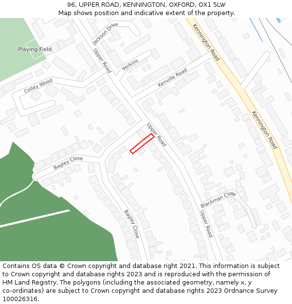 96, UPPER ROAD, KENNINGTON, OXFORD, OX1 5LW: Location map and indicative extent of plot