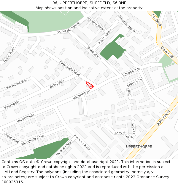 96, UPPERTHORPE, SHEFFIELD, S6 3NE: Location map and indicative extent of plot