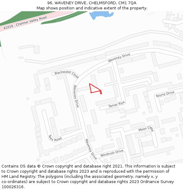 96, WAVENEY DRIVE, CHELMSFORD, CM1 7QA: Location map and indicative extent of plot