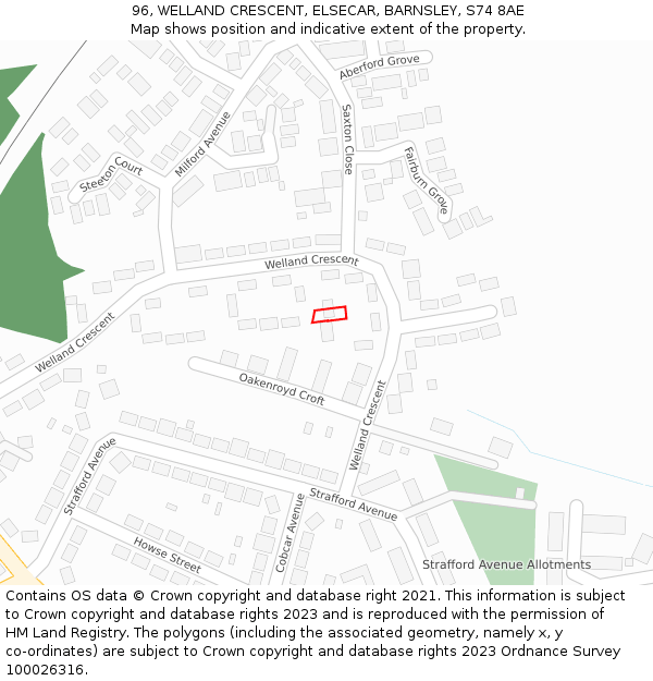 96, WELLAND CRESCENT, ELSECAR, BARNSLEY, S74 8AE: Location map and indicative extent of plot