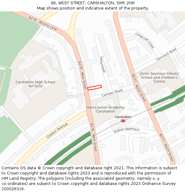96, WEST STREET, CARSHALTON, SM5 2NR: Location map and indicative extent of plot