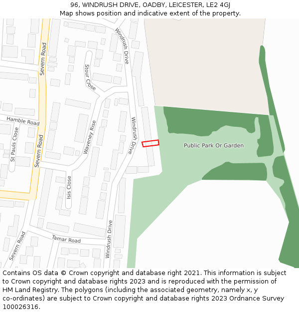 96, WINDRUSH DRIVE, OADBY, LEICESTER, LE2 4GJ: Location map and indicative extent of plot