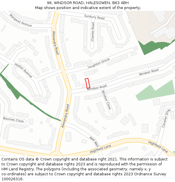 96, WINDSOR ROAD, HALESOWEN, B63 4BH: Location map and indicative extent of plot