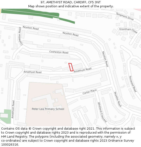 97, AMETHYST ROAD, CARDIFF, CF5 3NT: Location map and indicative extent of plot