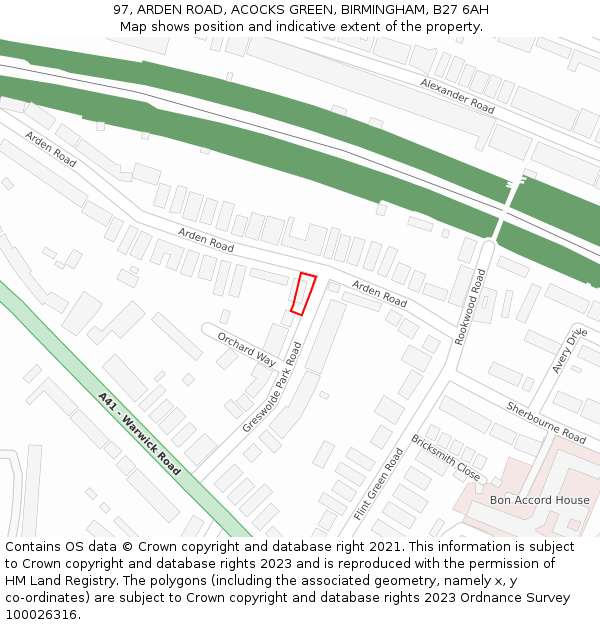 97, ARDEN ROAD, ACOCKS GREEN, BIRMINGHAM, B27 6AH: Location map and indicative extent of plot