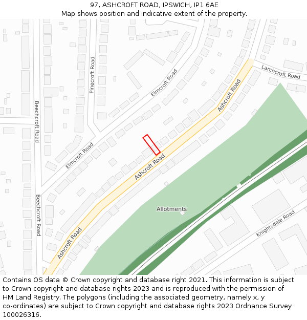 97, ASHCROFT ROAD, IPSWICH, IP1 6AE: Location map and indicative extent of plot