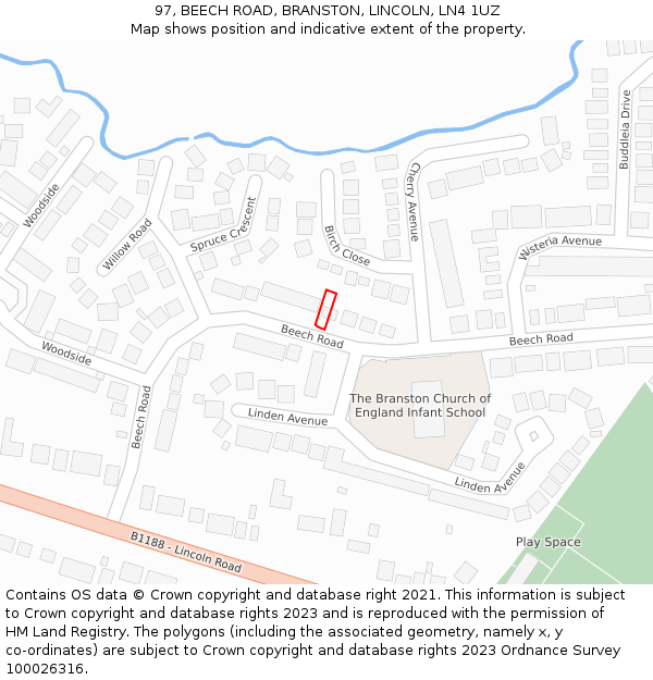 97, BEECH ROAD, BRANSTON, LINCOLN, LN4 1UZ: Location map and indicative extent of plot
