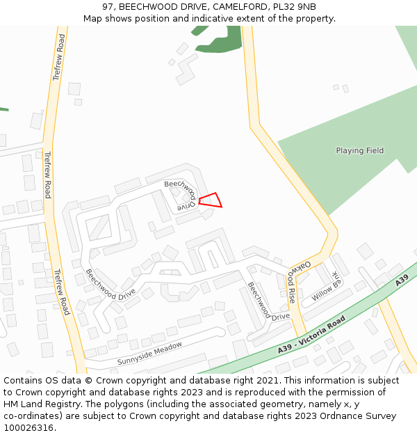97, BEECHWOOD DRIVE, CAMELFORD, PL32 9NB: Location map and indicative extent of plot