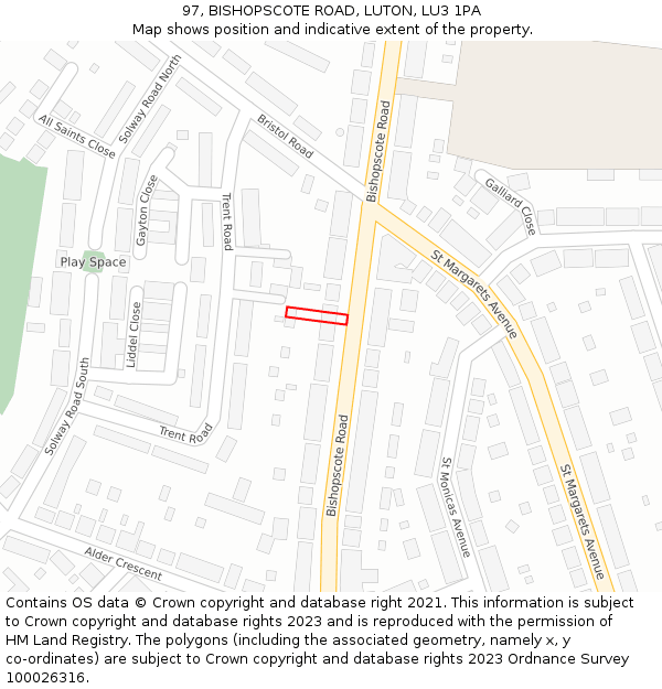 97, BISHOPSCOTE ROAD, LUTON, LU3 1PA: Location map and indicative extent of plot