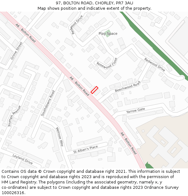 97, BOLTON ROAD, CHORLEY, PR7 3AU: Location map and indicative extent of plot