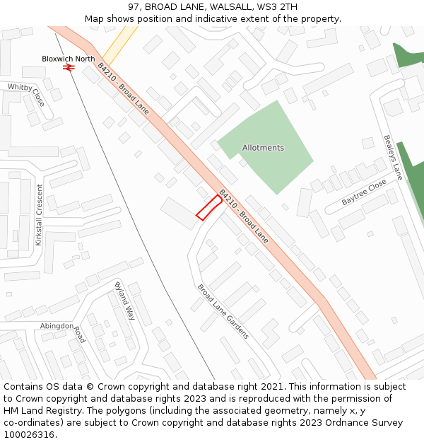 97, BROAD LANE, WALSALL, WS3 2TH: Location map and indicative extent of plot