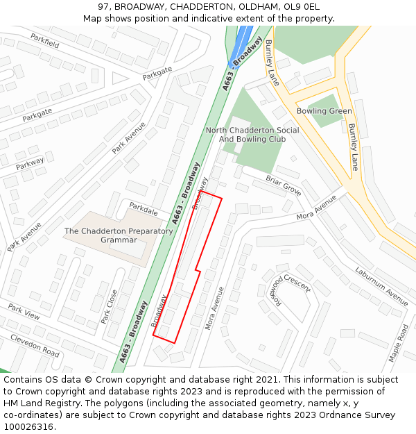 97, BROADWAY, CHADDERTON, OLDHAM, OL9 0EL: Location map and indicative extent of plot