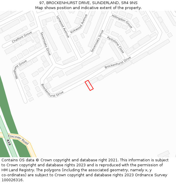 97, BROCKENHURST DRIVE, SUNDERLAND, SR4 9NS: Location map and indicative extent of plot