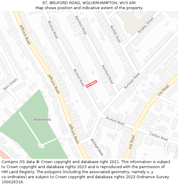 97, BRUFORD ROAD, WOLVERHAMPTON, WV3 0AY: Location map and indicative extent of plot