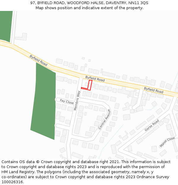 97, BYFIELD ROAD, WOODFORD HALSE, DAVENTRY, NN11 3QS: Location map and indicative extent of plot