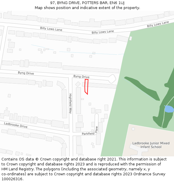 97, BYNG DRIVE, POTTERS BAR, EN6 1UJ: Location map and indicative extent of plot