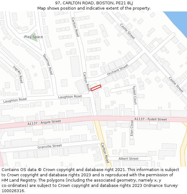 97, CARLTON ROAD, BOSTON, PE21 8LJ: Location map and indicative extent of plot