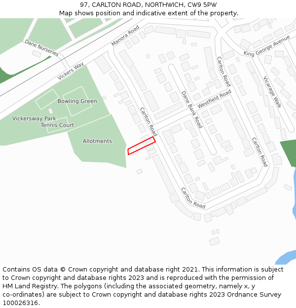 97, CARLTON ROAD, NORTHWICH, CW9 5PW: Location map and indicative extent of plot