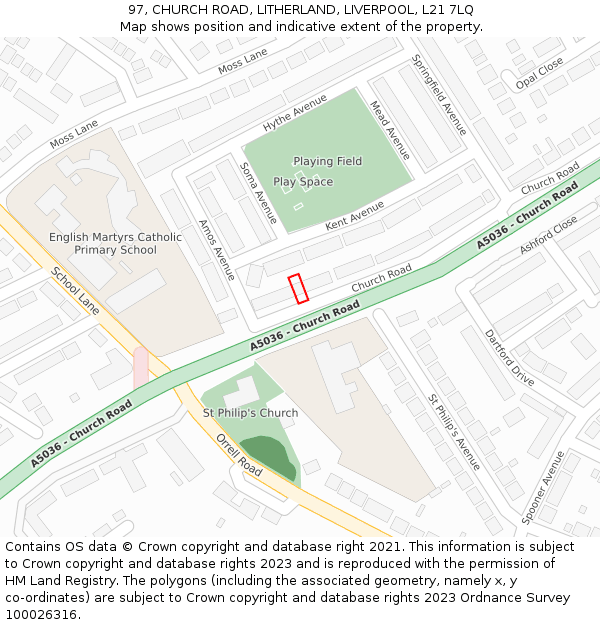 97, CHURCH ROAD, LITHERLAND, LIVERPOOL, L21 7LQ: Location map and indicative extent of plot