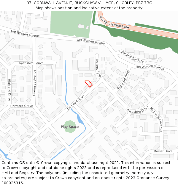 97, CORNWALL AVENUE, BUCKSHAW VILLAGE, CHORLEY, PR7 7BG: Location map and indicative extent of plot