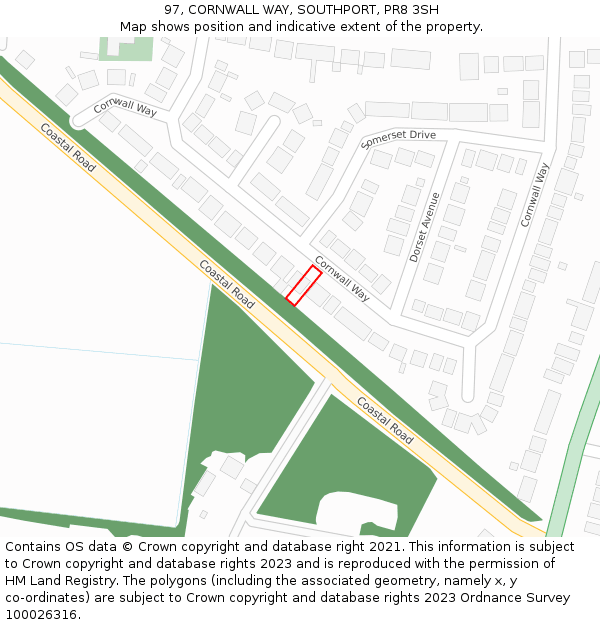97, CORNWALL WAY, SOUTHPORT, PR8 3SH: Location map and indicative extent of plot