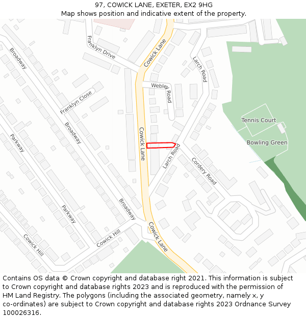 97, COWICK LANE, EXETER, EX2 9HG: Location map and indicative extent of plot