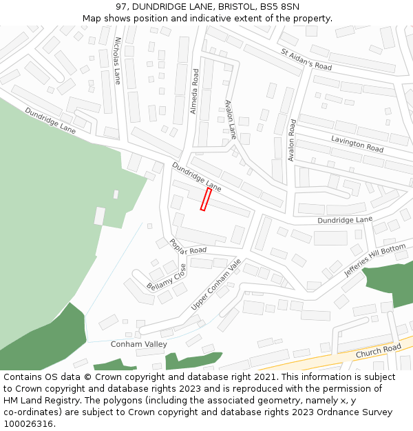 97, DUNDRIDGE LANE, BRISTOL, BS5 8SN: Location map and indicative extent of plot