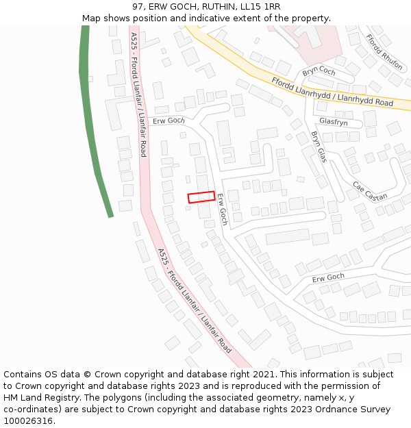97, ERW GOCH, RUTHIN, LL15 1RR: Location map and indicative extent of plot