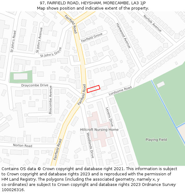 97, FAIRFIELD ROAD, HEYSHAM, MORECAMBE, LA3 1JP: Location map and indicative extent of plot