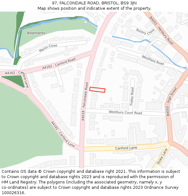 97, FALCONDALE ROAD, BRISTOL, BS9 3JN: Location map and indicative extent of plot