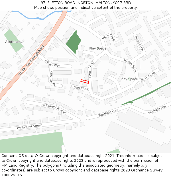 97, FLETTON ROAD, NORTON, MALTON, YO17 8BD: Location map and indicative extent of plot