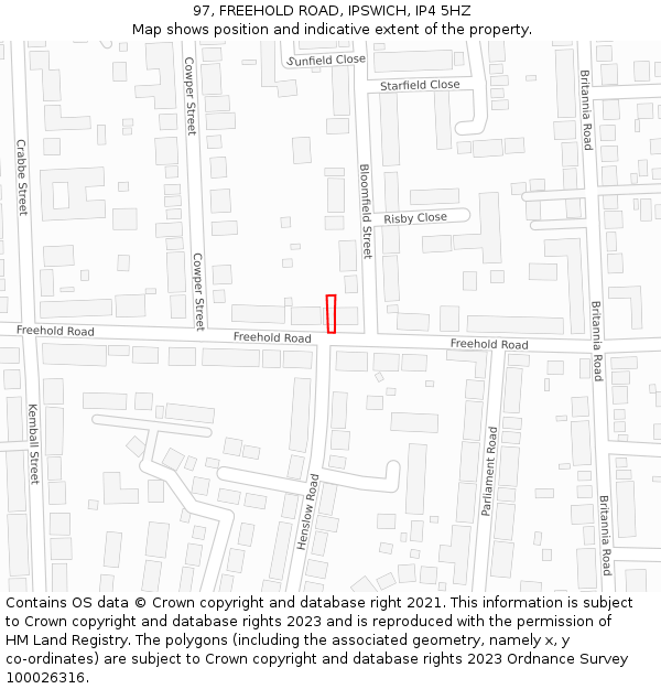 97, FREEHOLD ROAD, IPSWICH, IP4 5HZ: Location map and indicative extent of plot