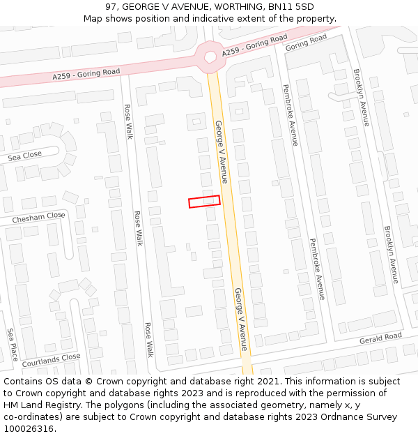 97, GEORGE V AVENUE, WORTHING, BN11 5SD: Location map and indicative extent of plot