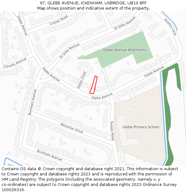 97, GLEBE AVENUE, ICKENHAM, UXBRIDGE, UB10 8PF: Location map and indicative extent of plot