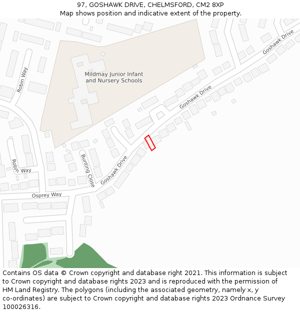 97, GOSHAWK DRIVE, CHELMSFORD, CM2 8XP: Location map and indicative extent of plot