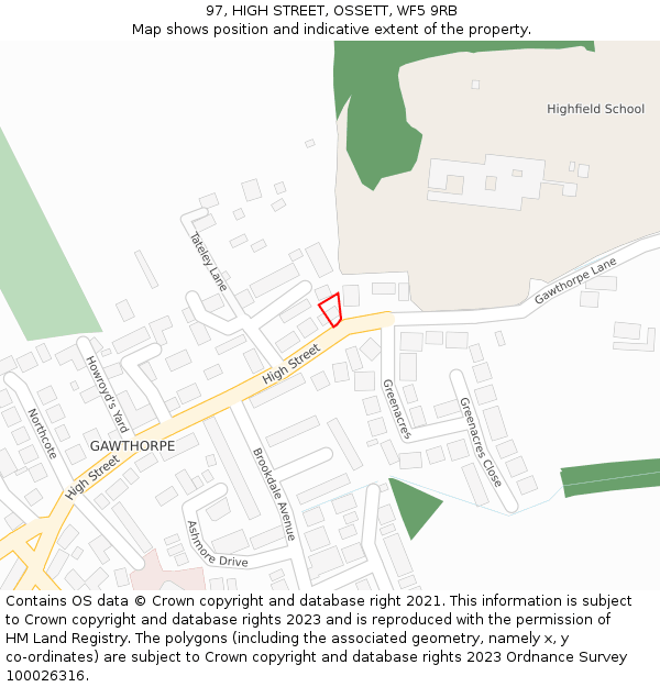 97, HIGH STREET, OSSETT, WF5 9RB: Location map and indicative extent of plot