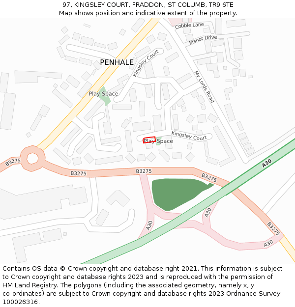97, KINGSLEY COURT, FRADDON, ST COLUMB, TR9 6TE: Location map and indicative extent of plot
