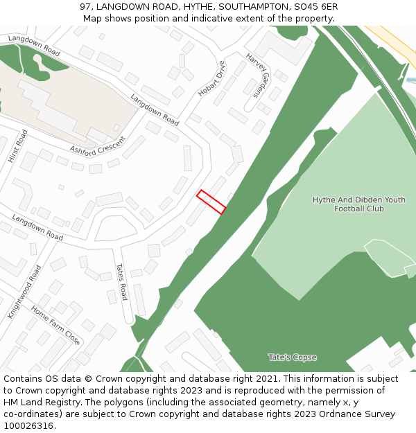 97, LANGDOWN ROAD, HYTHE, SOUTHAMPTON, SO45 6ER: Location map and indicative extent of plot