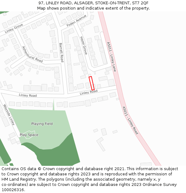 97, LINLEY ROAD, ALSAGER, STOKE-ON-TRENT, ST7 2QF: Location map and indicative extent of plot
